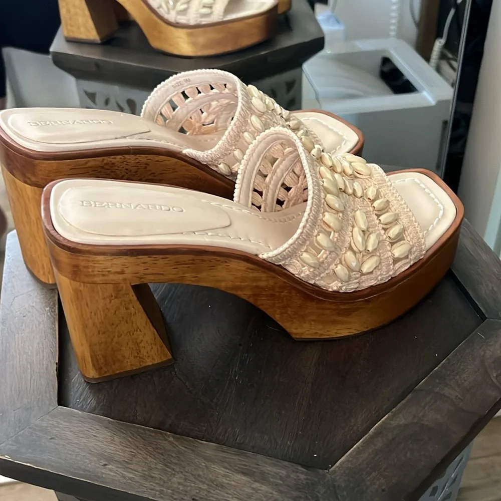 Bernardo Cream Beaded Crochet Platform Sandals